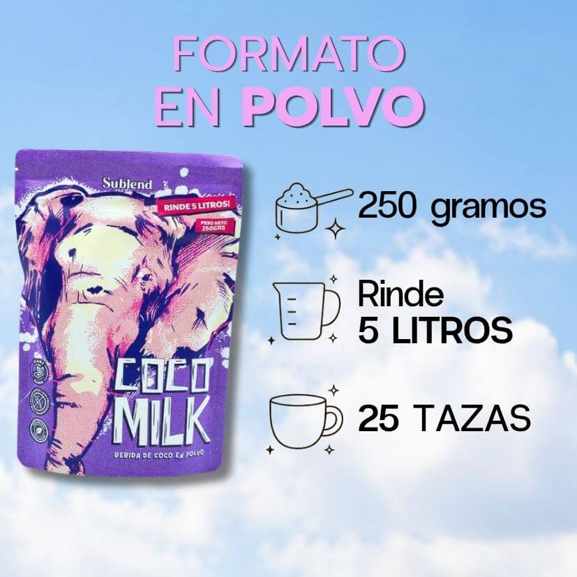 Leche de coco en polvo Sublend formato 250 gramos, rinde 5 litros y 25 tazas