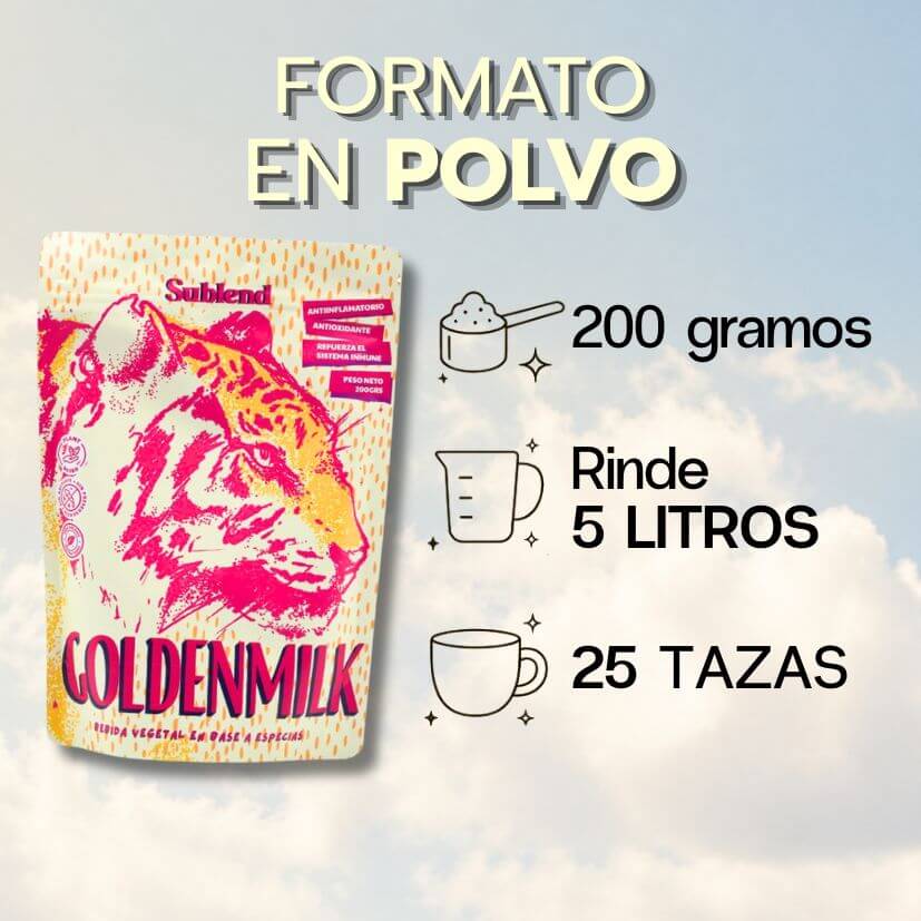 Golden Milk en polvo Sublend formato 200 gramos, rinde 5 litros y 25 tazas