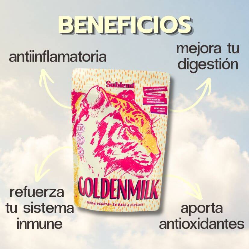 Beneficios del Golden Milk en polvo orgánico Sublend: antiinflamatoria, mejora tu digestión, refuerza tu sistema inmune, aporta antioxidantes