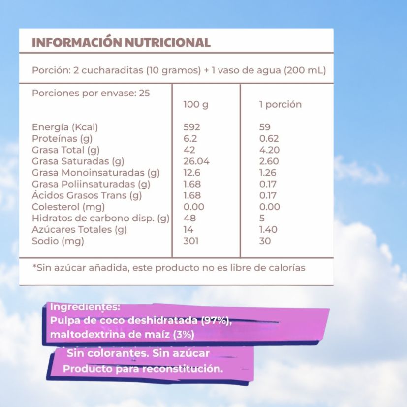 Información nutricional e ingredientes de la leche de coco en polvo orgánica Sublend: pulpa de coco deshidratada, sin colorantes ni azúcar añadida