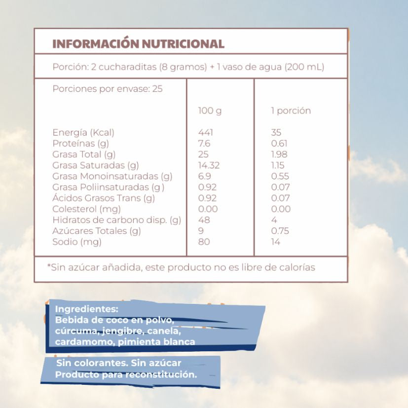 Información nutricional e ingredientes del Golden Milk en polvo orgánico Sublend: cúrcuma, jengibre, canela, cardamomo y pimienta blanca, sin colorantes ni azúcar