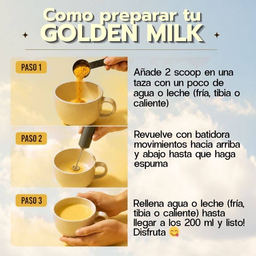 Cómo preparar Golden Milk en polvo Sublend en 3 pasos: scoop, batidora y agua o leche