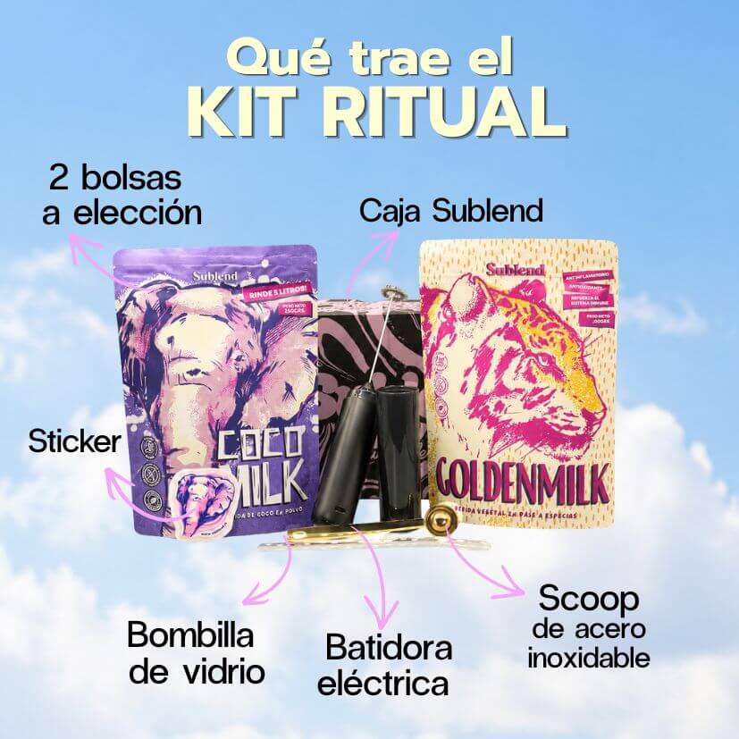 Qué incluye el Kit Ritual Sublend: 2 bolsas a elección, caja personalizada, sticker, bombilla de vidrio, batidora eléctrica y scoop de acero inoxidable
