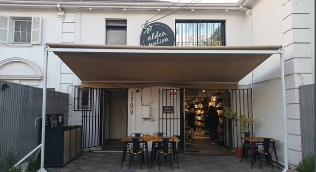 Entrada de Aldea Nativa, tienda Tobalaba en Providencia, con terraza exterior