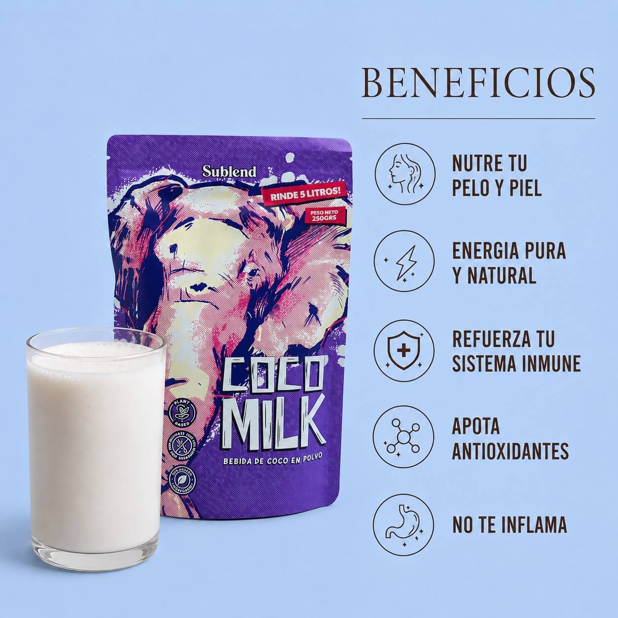 beneficios leche de coco en polvo Sublend energía natural antioxidante sistema inmune