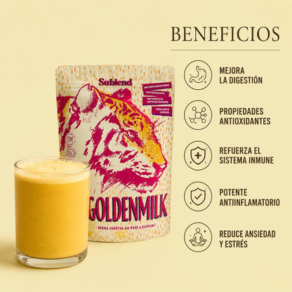 beneficios golden milk en polvo Sublend antiinflamatorio antioxidante mejora digestión