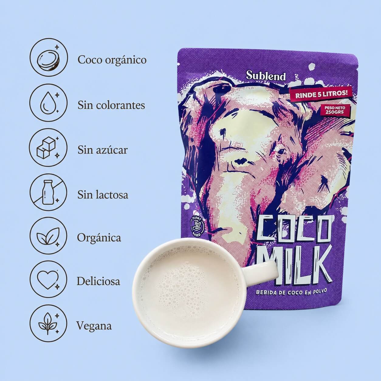 características leche de coco en polvo Sublend orgánica sin lactosa sin azúcar vegana