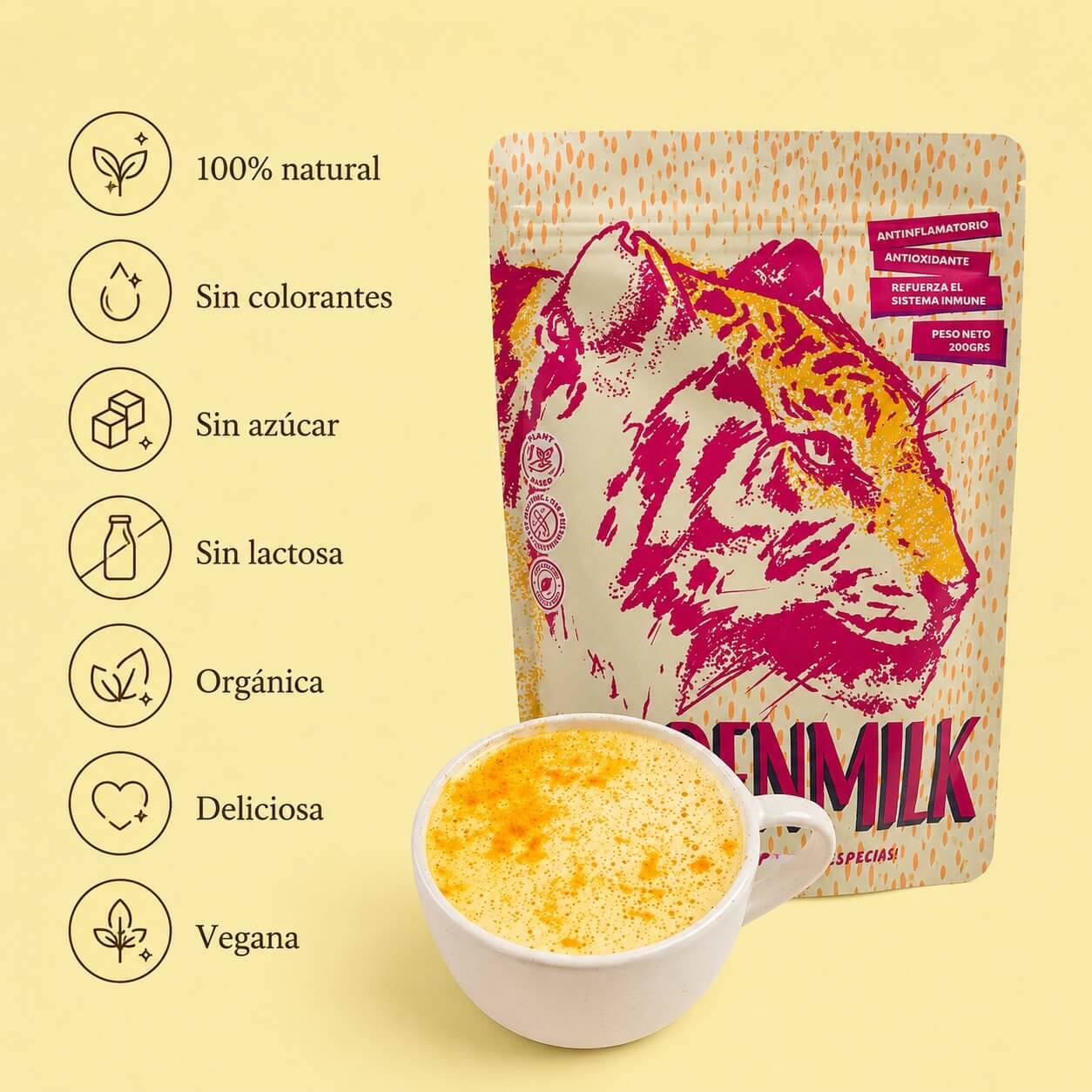 características golden milk en polvo Sublend orgánico sin lactosa sin azúcar vegano