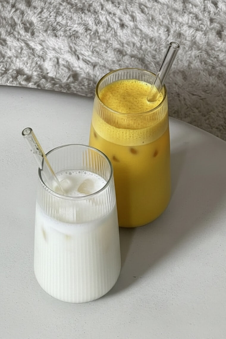 leche de coco y golden milk en vasos liquido frio