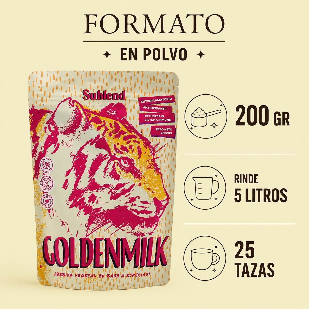 formato golden milk en polvo Sublend 200 gramos rinde 5 litros 25 tazas