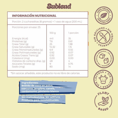 tabla nutricional golden milk en polvo marca sublend