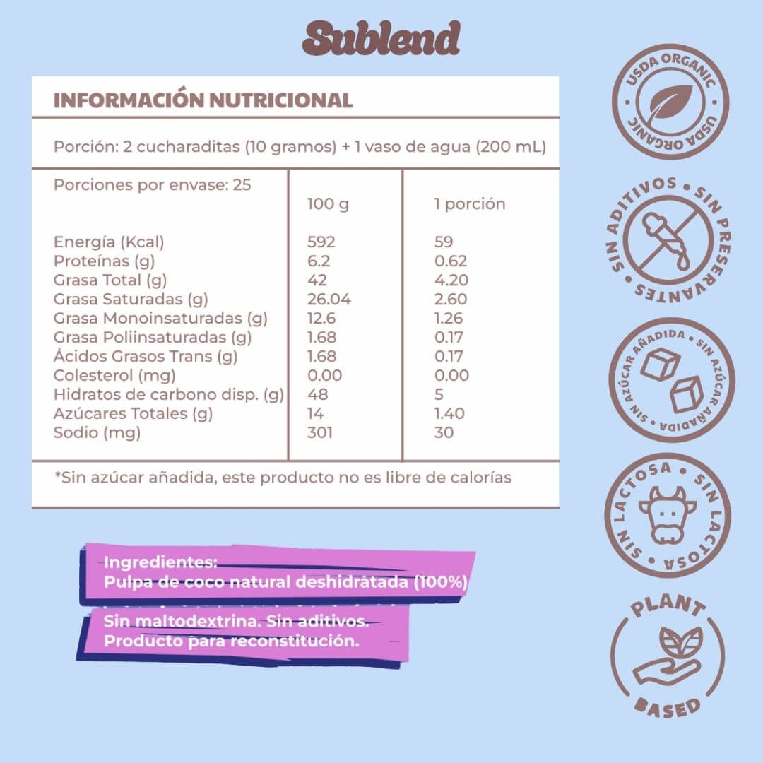 tabla nutricional leche de coco en polvo marca sublend
