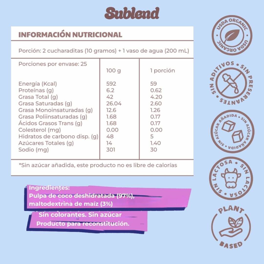 información nutricional e ingredientes leche de coco en polvo Sublend