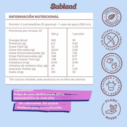 información nutricional e ingredientes leche de coco en polvo Sublend